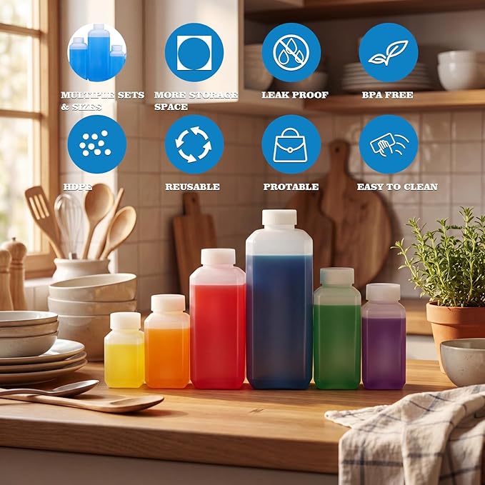 DEMORA 18oz Small Square Plastic Travel Bottles, Reusable Leak Proof Liquid Containers with Caps and Stickers for Pill, Water, Juice (Translucent, 3 Pcs)