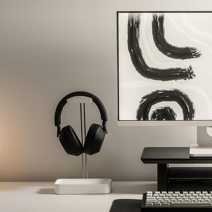 Raico Headphone Stand with Catchall Tray Base Premium Showpiece Headset Holder with Storage Solid Wood (Matte White)