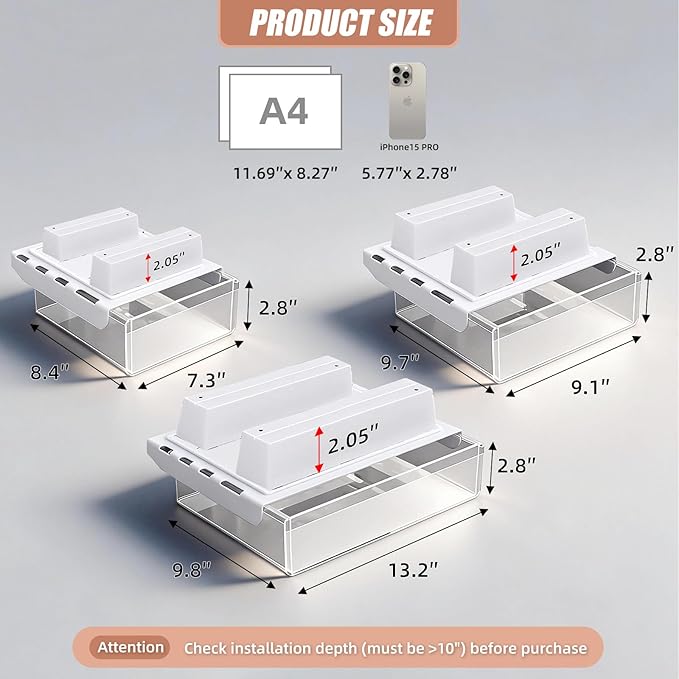 3-Pack Under Desk Drawer for Desk with Frame & Beam, Fits Where Standard Drawers Can't, 52mm Heightened Slide Out Organizer, Dual Adhesive or Screw Mount, Clear PET Under Table Storage