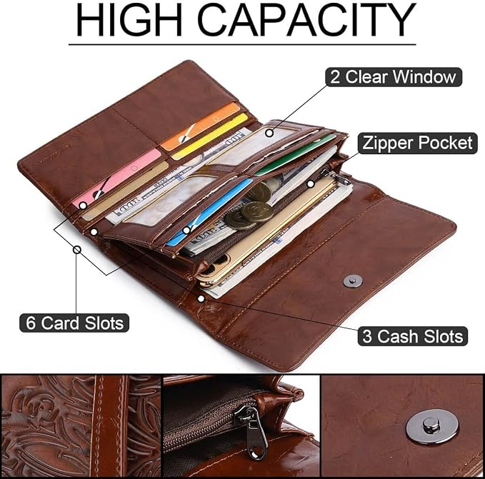 MEITRUE Women's Wallet Leather RFID Blocking Trifold Ladies Purse Embossed long Clutch Card Holder Phone Checkbook Organizer