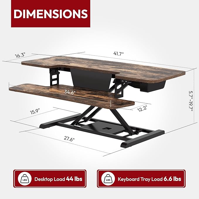 SANODESK Standing Desk Converter with Electric Motor 42" Height Adjustable Riser for Office Home,Dual Monitor and Laptop Workstation with Large Keyboard Tray, Rustic Color
