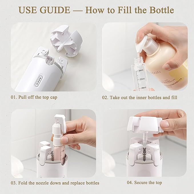 4 in 1 Travel Dispenser Bottle, Leak Proof Refillable Travel Toiletry Containers for Shampoo Lotion Liquid, TSA Approved Travel Bottles Set for Business Trip Camping, 4 x 30ml, White