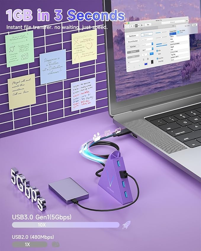 USB C Hub,USB Hub Tower with 2FT Extended Cable,Type C to USB 3.0 4-Port Splitter Adapter for MacBook, iMac, Laptop, Surface, XPS, Flash Drive, Keyboard, Mouse, HDD (2ft, Dark Purple