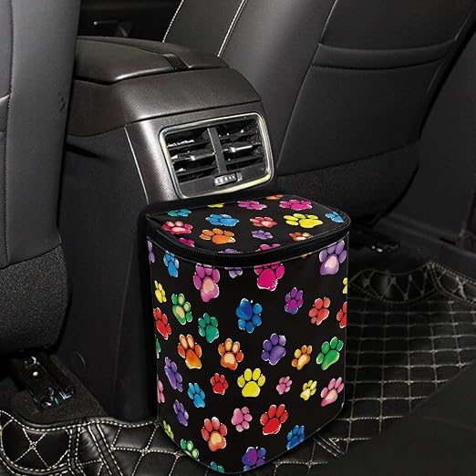 Rainbow Dog Paw Print Car Trash Can Automotive Car Trash Bag with Lid Collapsible Waterproof Car Organizers and Storage Car Accessories for Women
