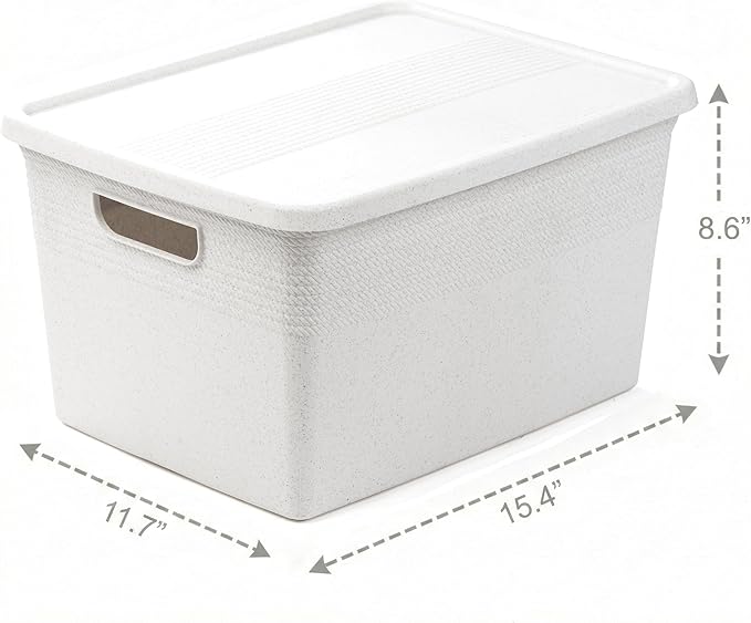 BINO | Plastic Storage Bins with Lids, 22 Liter - 3 Pack, White | THE BRAIDED COLLECTION | Plastic Bins for Organization Woven Storage Baskets for Organizing Pantry Shelf Organizer Basket Bin