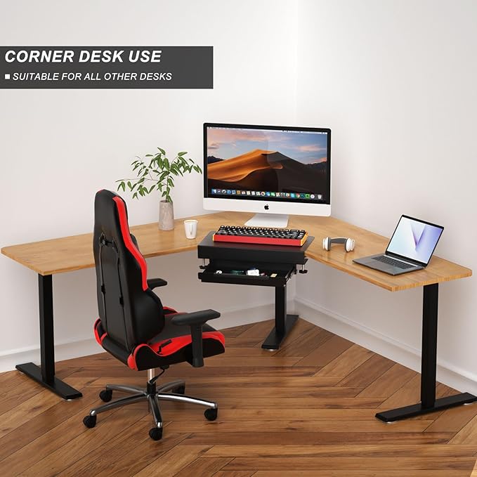 Clamp on Desk Corner Sleeve with Drawer, L Desk Connector Platform with Mounting Under Desk Drawer Hanging Corner Desk for Extender Desk Space