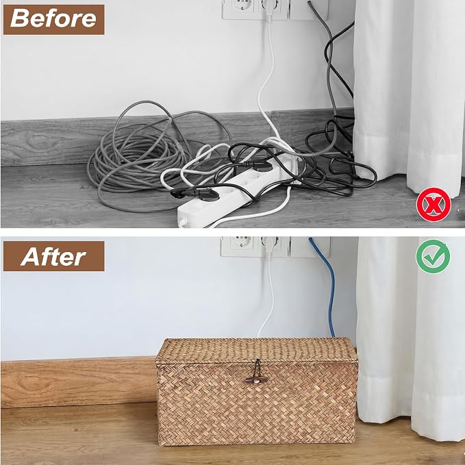 BTSKY Woven Cable Management Box with Lid, Seagrass Cord Organizer with 2 Open Slots for Power Strips & USB Hubs, Under Desk Cord Hider Box for Home Office, Pet Proofing Wire Basket, Large