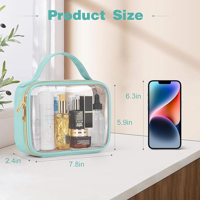 Wedama TSA Approved Toiletry Bag, 3 Pack Clear Makeup Bags with Handles, Quart Size PVC Clear Cosmetic Bags for Women and Men, Carry on Airport Airline Compliant Bag, Cyan Green