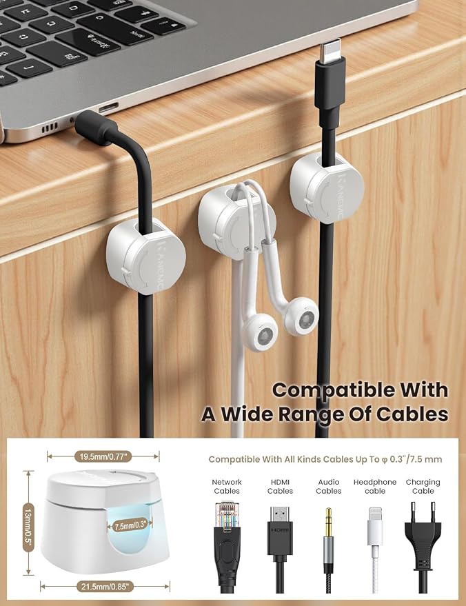 Kanemc Cable Clips Cord Holder for Desk, 360° Spin Magnetic Wire Organizer Self Adhesive Cord Management for Office Desks Cars Home Kitchen Electronic Accessory (White, 6 PCS)