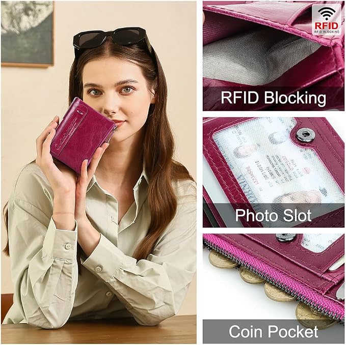CONTACTS Soft Leather Wallet for Women Small Bifold Coin Purse Double Zipper Card Holder with RFID Blocking (Purplish Red)