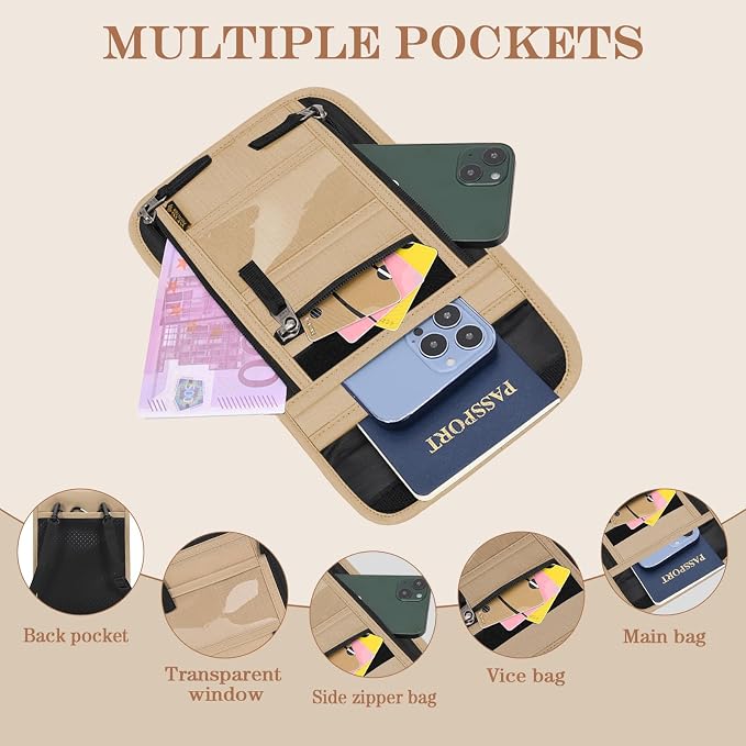Passport Holder for Travel, Neck Pouch Travel Wallet With RFID Blocking, Waterproof Lightweight Passport Wallet for Women and Men (Khaki)
