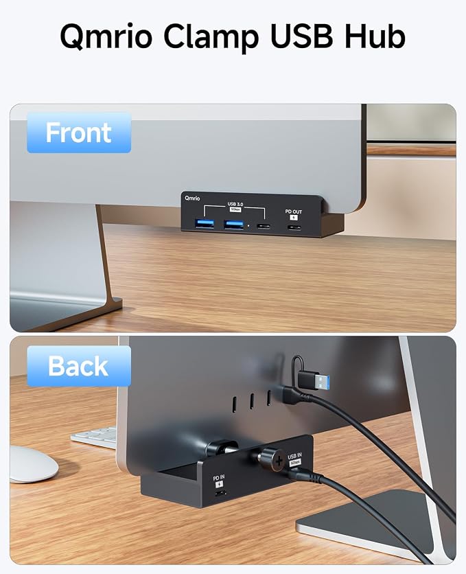 USB-Hub Clamp with Type-C PD 85W Port, 2 USB-A Data Ports, 1 USB-C Port (Black)