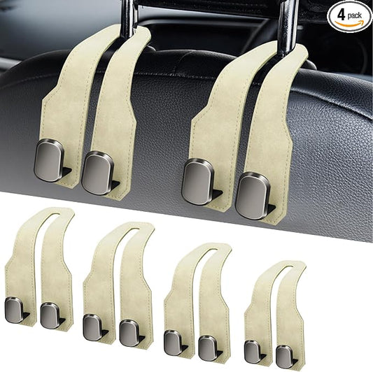 Car Seat Headrest Hooks for Purses and Bags, 4 Pack Bag Purse Holder for Car with Double Metal Hooks, Car Purse Hanger, Headrest Back Seat Handbags Hook Cute Hanging Accessories, Beige