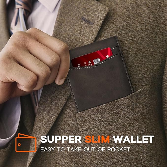 RUNBOX Wallet for Men Slim Leather Bifold RFID Blocking Minimalist Front Pocket Design with Gift Box
