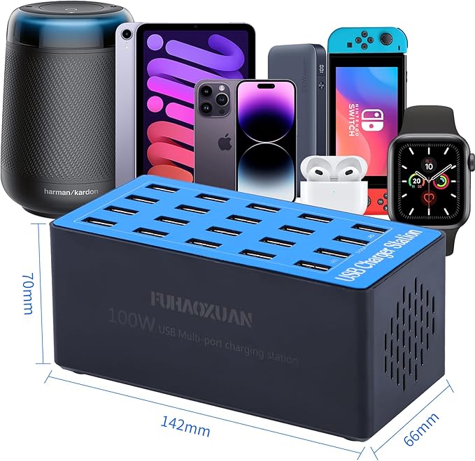 USB Charging Station,100W 20-Port Multi Device Charger with Intelligent Safety Features,Charging Station for Multiple Devices Phone,Watch,Pad,Speakers,Headphones,PS Compact for Home,Office,Travel