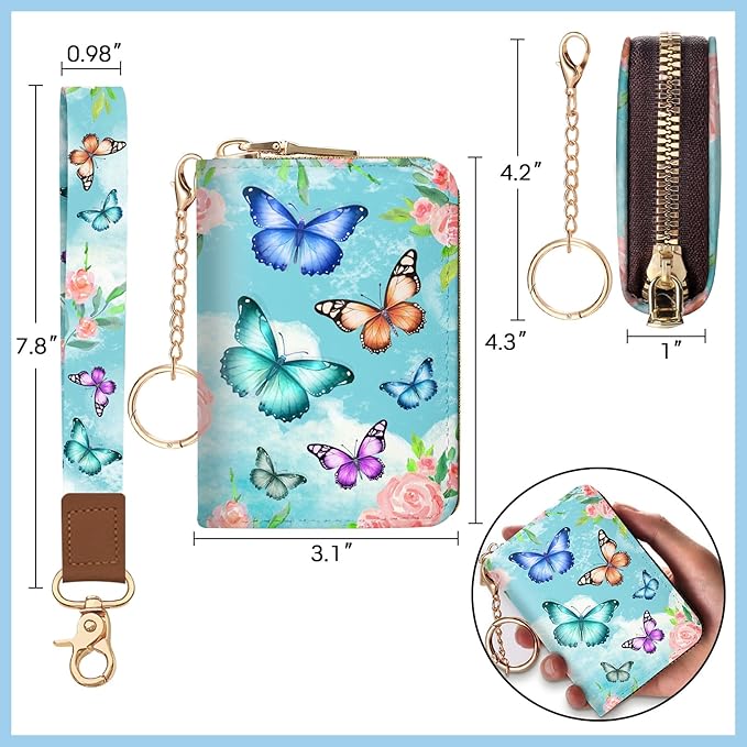 Blusabaca Credit Card Holder for Women, Butterfly Small RFID Blocking Wallet with Wristlet Strap, Keychain Zipper Women Wallet, Leather Card Case, Accordion Card Wallet Purse with Key Lanyard