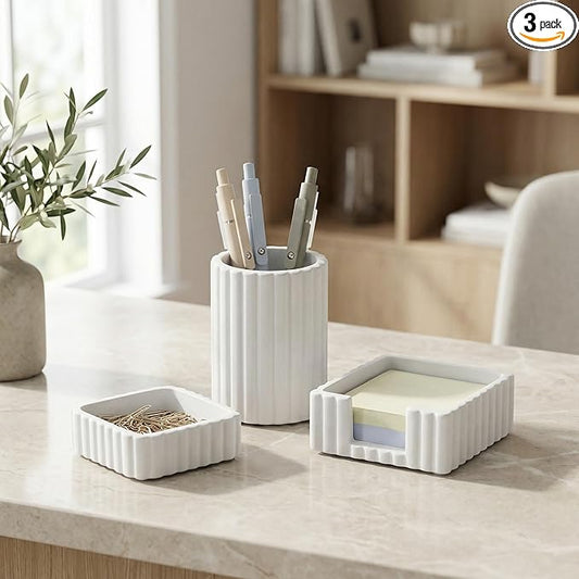 KIBAGA Modern Aesthetic Desk Accessories Set of 3 - Stylish Concrete Organizers for Pens & Office Supplies - A Cute and Functional Addition to Your Workspace Decor
