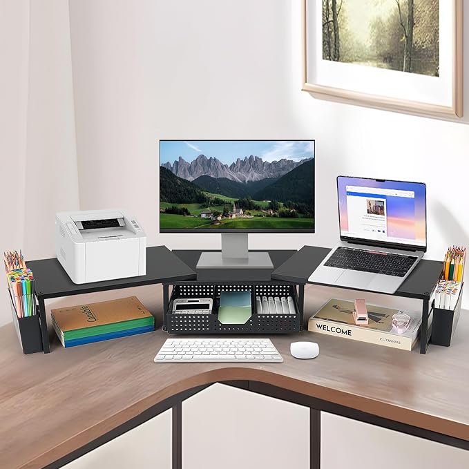 OPNICE Desk Organizers and Accessories, Dual Monitor Stand Riser with Drawer and 2 Pen Holders, Desk Shelf Wood Computer Racks for Office Workspace Organizers, Desktop Organization (Black Wood)
