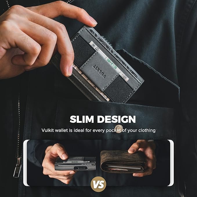 VULKIT Mens Minimalist Wallet for Max. 8 Cards with Pop-Up Credit Card Ejector RFID Blocking, ID Window and Elastic Strap for Bills or Keyring, Gift Box Packed, Grey