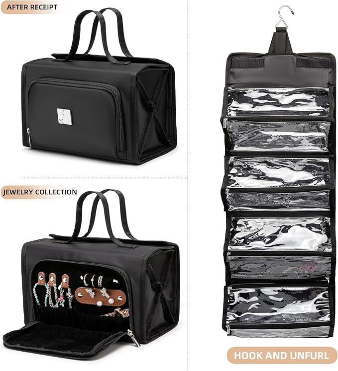 ROYALFAIR Roll Up Makeup Bag, Waterproof Toiletry Bag for Women, Hanging Travel Organizer bags with Jewelry Organizer Compartment, Extra Large 4 Clear TSA Approved Pouches Cosmetic Makeup (black)