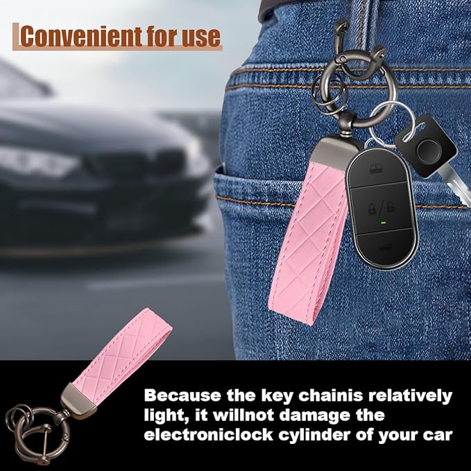Leather Car Keychain - 360 Degree Snap Swivel Key Ring - Key Tag Car Key Fob Keychain Holder with Anti-Lost D-Ring - Key Organizer for Men Women (Pink)