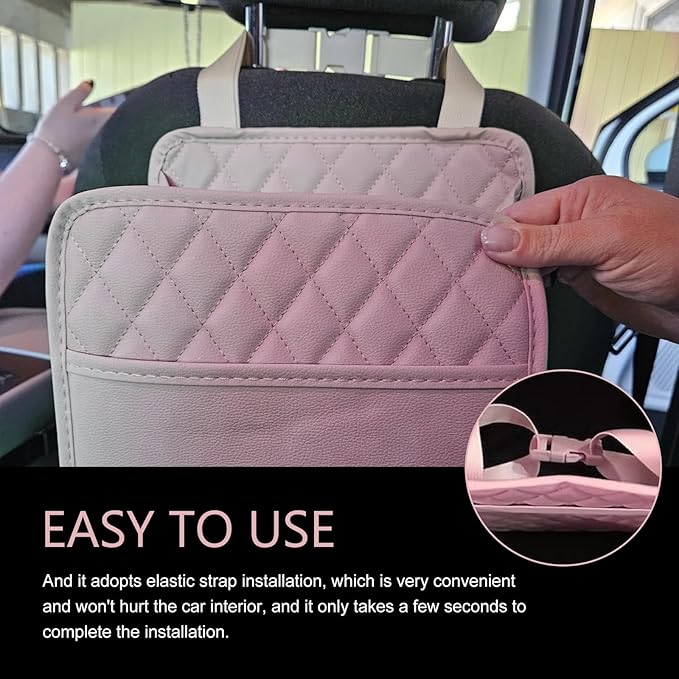 Car Seat Back Organizer, Multipurpose Car Organizer Hanging, Waterproof PU Leather Auto Backseat Storage Bag, Travel Essentials Accessories, Universal for Vehicles, Sedan, SUV (Pink)