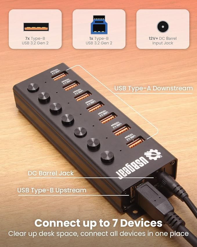 USBGear 7 Port USB Hub 3.2 Gen 2 – 10Gbps Charging Hub with Individual On/Off USB Ports for Laptop, PC, Desktop, 12V/4A Power Adapter with Type-A to Type-B Cable (3ft), Computer Accessories