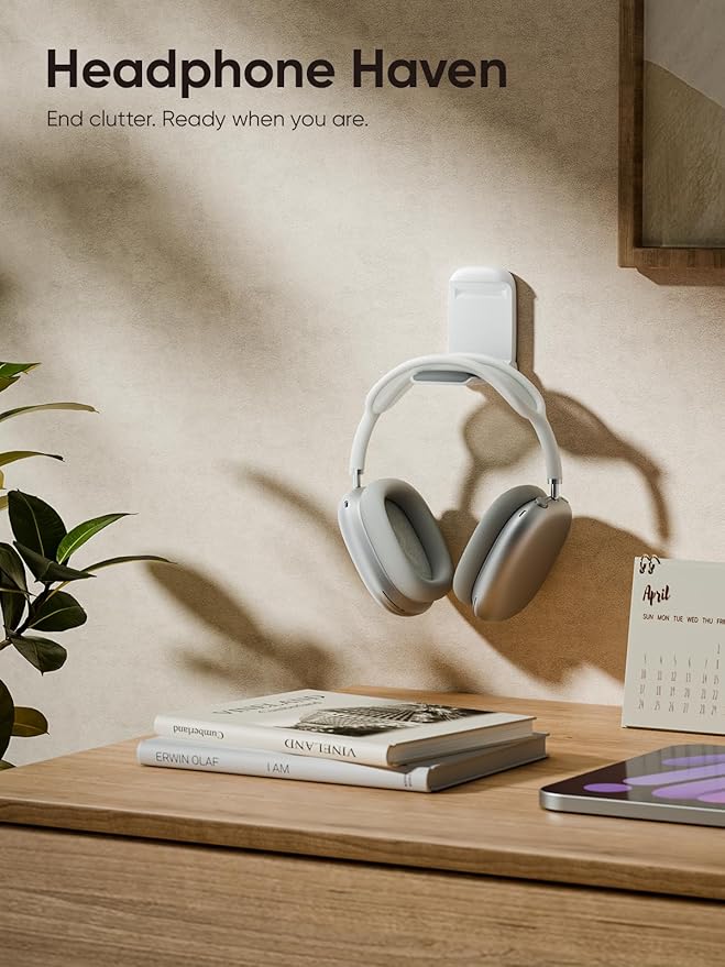 MAMUVIMO Headphone Stand, 2 Pack Headset Stand Foldable＆Sticky, Headphone Holder Hook Mount with Non-Slip Silicone, Adhesive Earphone Desk Hanger Clip Space-Saving for Airpods Max, All Earphones White