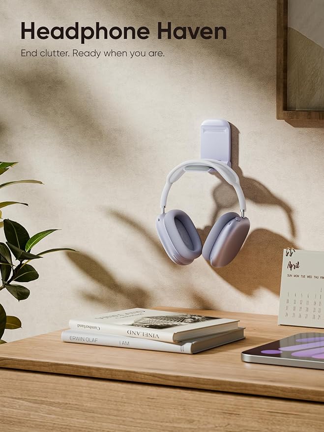 MAMUVIMO Headphone Stand, Headset Stand Foldable ＆ Sticky, Headphone Holder Hook Mount with Non-Slip Silicone, Adhesive Earphone Desk Hanger Clip Space-Saving for Airpods Max, All Earphones- Purple