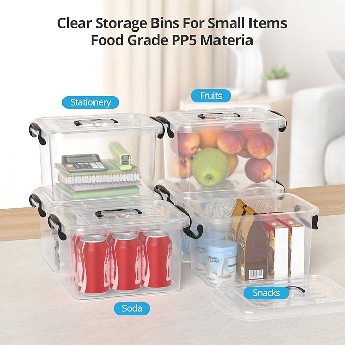Plastic Storage Containers with Lids - 6 Pack 6 Quart Clear Storage Bins with Lids, Stackable Storage Containers for Organizing, Small Plastic Storage Box with Lid, Black Handle and Latches