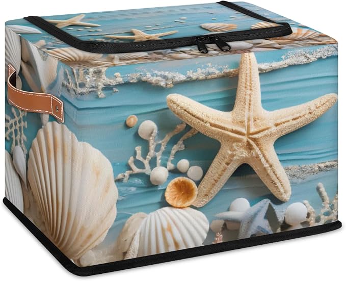 Ocean Shells Starfish Storage Bins With Zipper Lid, Collapsible Trunk Organizer, Car Organizers and Storage Bins with Lids, Decorative Storage Boxes with Handle, Home Storage Baskets for Organizing
