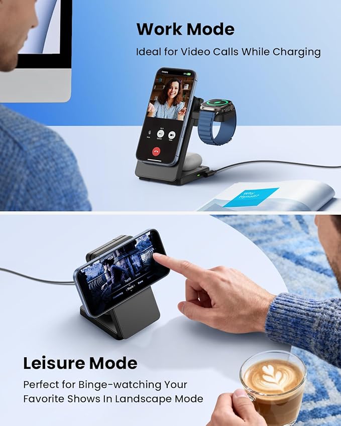 Magnetic Wireless Charging Station for Apple: Upgraded Qi2 Certified 15W 3-in-1 Magsafe Wireless Charger Stand, Foldable Travel Fast Charger for iPhone 17 16 15 14 13 12 Series, Apple Watch, AirPods