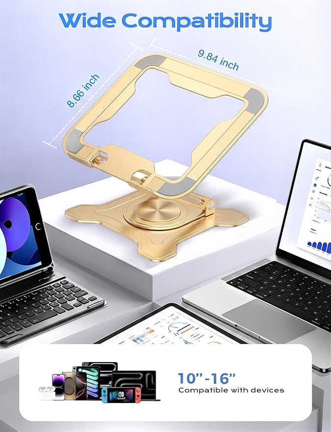 Adjustable Laptop Stand for Desk, 360° Rotating Base Ergonomic Computer Stand, Laptop Riser Foldable Protable for Office Home Fits Compatible with MacBook Pro/Air Notebook up to 10-16" Gold
