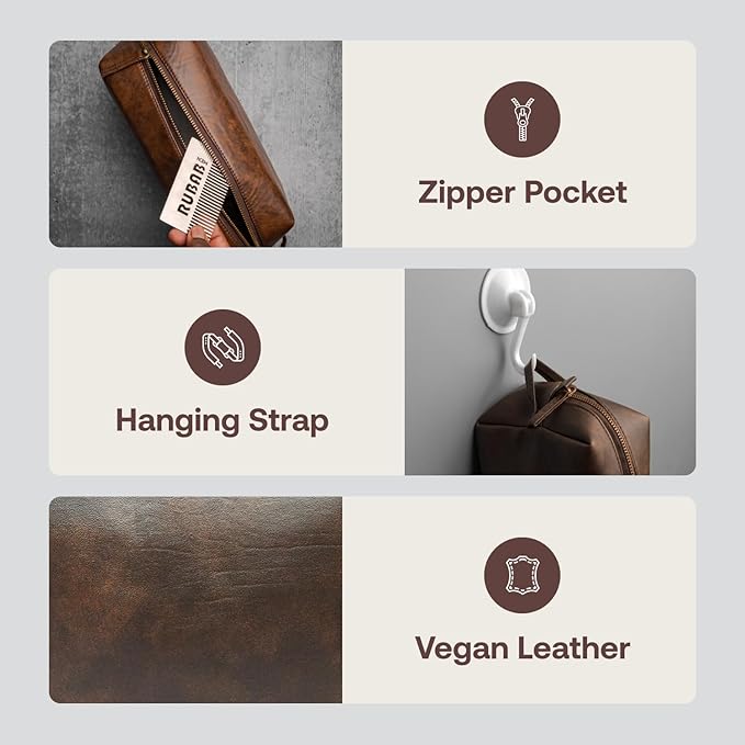 RUBAB MEN Premium Toiletry Kit Bag | Waterproof Vegan Leather Pouch for Men & Women | Cosmetics & Grooming Travel Organiser & Toiletries Bag | Tan Shade