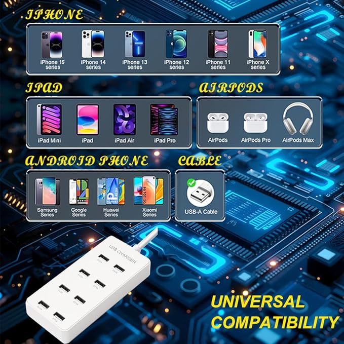 USB 8 Port Desktop Portable Charging Station, Suitable for Charging Multiple Devices simultaneously, Super Compatible with Mobile Phones, Tablets, Bluetooth Earphones, and Other USB Charging Devices