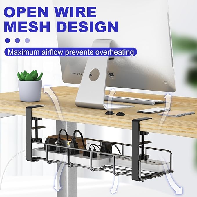Under Desk Cable Management Tray, 31.5'' No Drill Heavy Duty Steel Cable Tray Organizers, Wire Management Tray Cable Rack with Clamp Mount, Adjustable Metal Under Desk Tray (Black, 2 Pack)