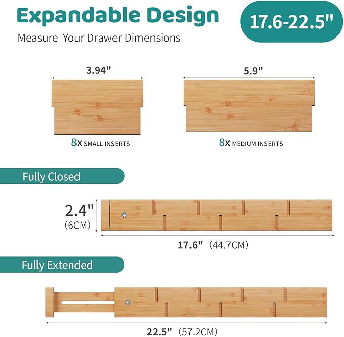 8 Pack Kitchen Drawer Dividers with Inserts, Bamboo Adjustable Drawer Organizers, Expandable Organization for Home, Dressers, 8 Dividers with 16 Inserts