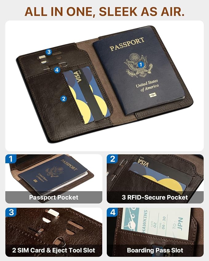 Passport Holder for Travel, Genuine Leather Passport Holder with AirTag Slot, RFID Passport Cover for Airport Essentials, Travel Wallet, Travel Must Haves Gifts