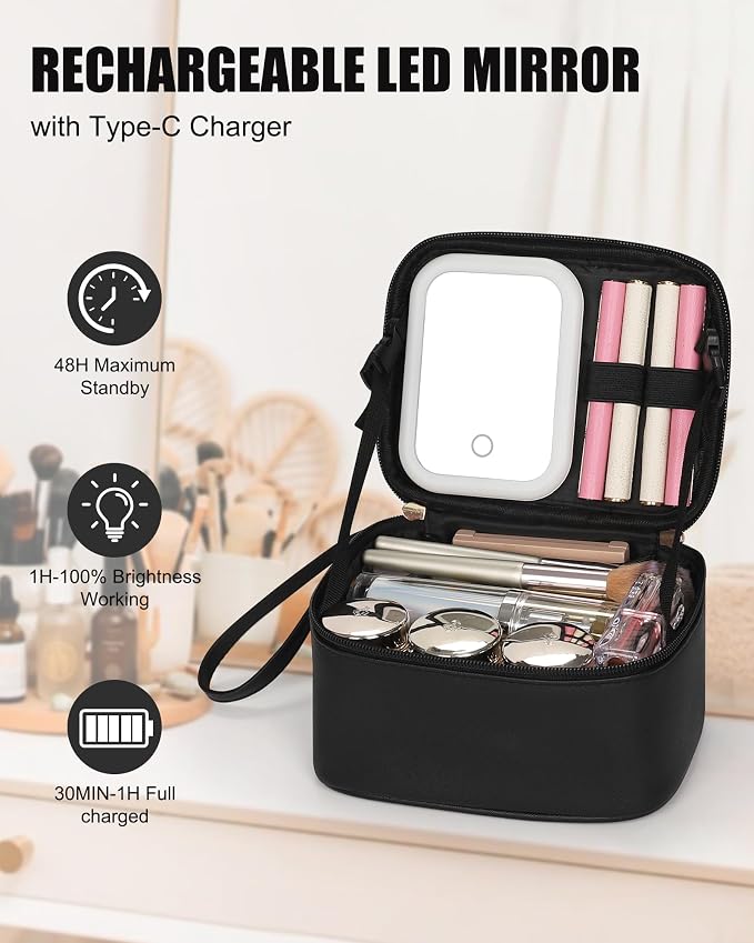 Relavel Small Makeup Bag with Led Mirror, Travel Cosmetic Case with 3 Light Modes and Adjustable Brightness, Foldable Makeup Pouch with Toiletries for Daily Use丨Work Touch-Ups丨Camping - Black