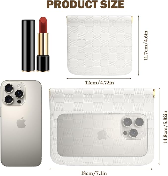 2 PCS Ladies Small Makeup Bag for Purse,Coin Purse Lipstick Cosmetic Accessories Organizer,Travel Pouch,Waterproof No Zipper Self-closing Small Makeup Pouch(White checkerboard)