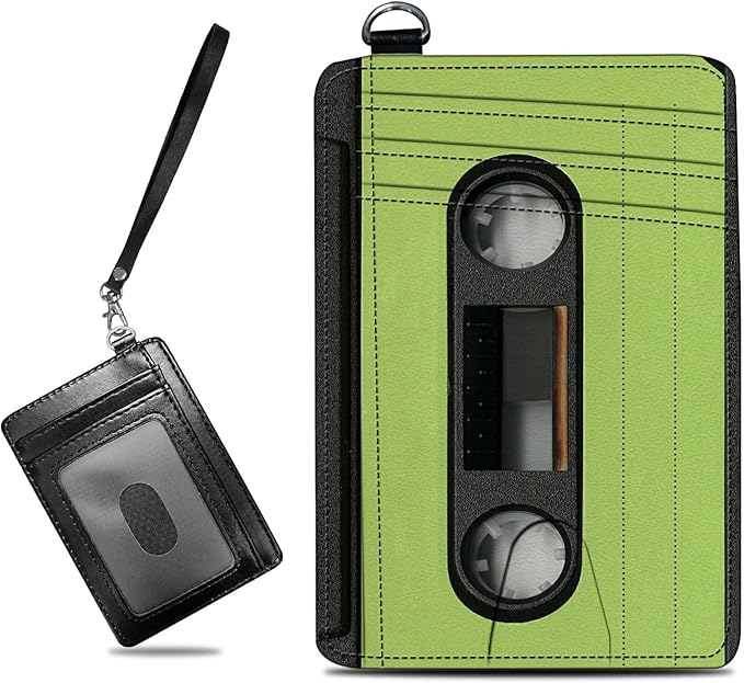 Small Travel Wallets, Green Tape Cassette Slim Minimalist Front Pocket Wallet with Wristlet, RFID Blocking PU Leather Credit Card Holder with ID Window Change Purse for Men Women