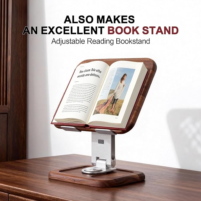 Walnut-Wooden Laptop Stand for Desk, Adjustable Height & Angle with 360° Aluminum Alloy Swivel Base, Wood Laptop Stand Compatible with MacBook Pro, All Laptops 10-17", Brown