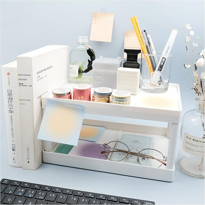 souG Desktop Storage Rack Organizer for Kitchen Bathroom Office Dorm - Double-Layer Cosmetic Stationery Storage Holder and Table Sundries Display Shelf - White