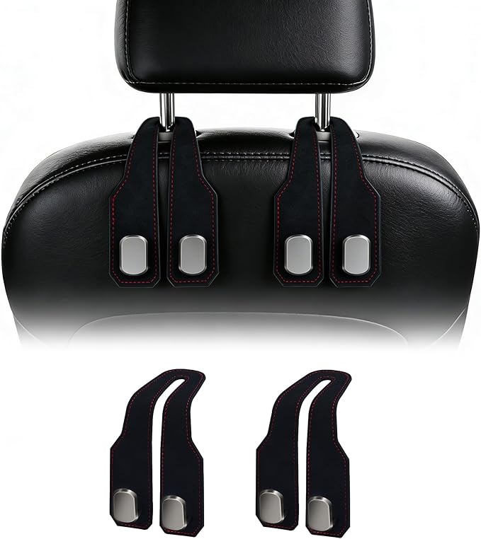 2 Pack Leather Car Headrest Hooks, Double Hook Heavy Duty Purse Holder, 360° Rotating Seat Back Organizer Holds 55 lbs for Handbags, Grocery Bags, Universal Fit Car Accessories, Black