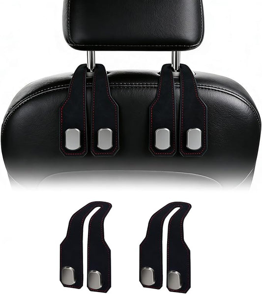 2 Pack Leather Car Headrest Hooks, Double Hook Heavy Duty Purse Holder, 360° Rotating Seat Back Organizer Holds 55 lbs for Handbags, Grocery Bags, Universal Fit Car Accessories, Black
