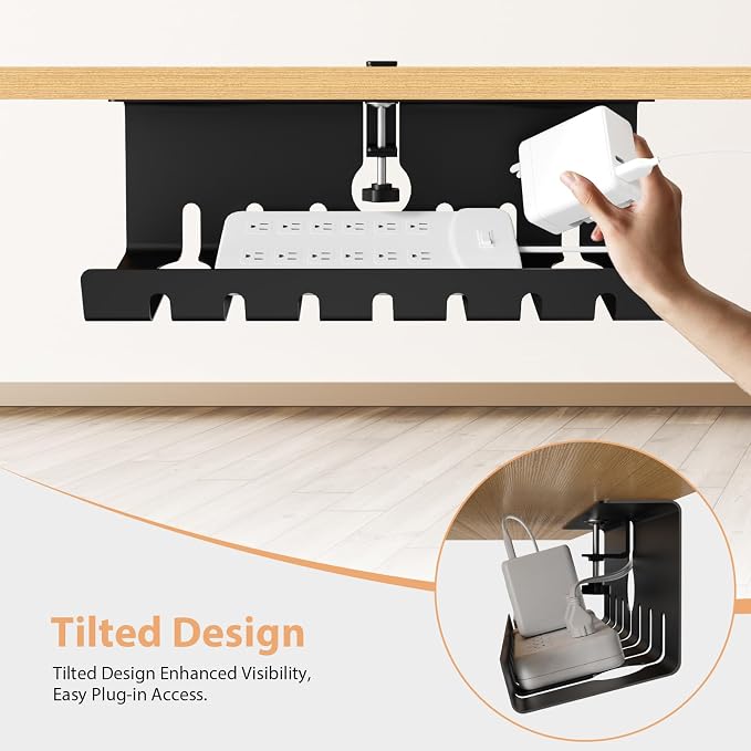 Syeeiex Under Desk Cable Management Tray, 34" Total Length (17"×2 Set), No-Drill C-Clamp & Screw Mount, Heavy Duty Metal Cord Organizer with 10 PCS Cable Ties, for Office Home Workspace, Black, 2-Pack