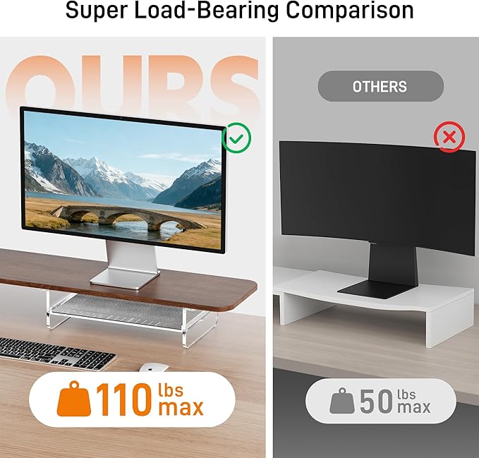 AFOOYO Large Dual Monitor Stand For Desk,43 Inch Desktop Computer Riser with Felt Drawer Acrylic Legs Desk Shelf Organizer For Computer/Laptop/PC/Printer/TV
