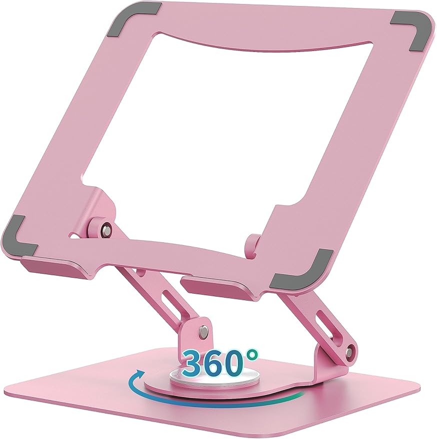 SOUNDANCE 360 Rotating Laptop Stand, Ergonomic Computer Riser for Desk, Adjustable Height Multi-Angle Metal Holder, Foldable Portable Notebook Elevating Base for Office & Home, Pink