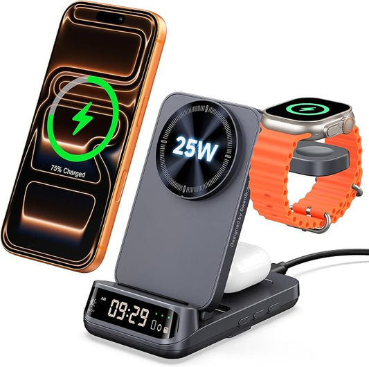 25W 3 in 1 Wireless Charger Stand Compatible with MagSafe, Foldable Travel Magnetic Charging Station with Clock for iPhone 17/16/15 Series, Apple Watch, Air Pods, SwanScout 708M-25W