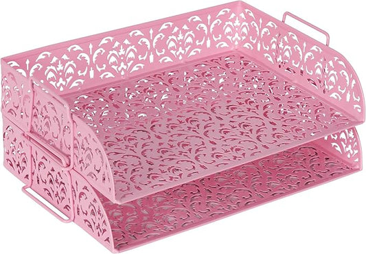 EasyPAG Paper Organizer for Desk 2 Tier Stackable Paper Tray for A4 Legal Size Folders Metal File Storage Desktop Organizer for Home Office School Teacher, Pink